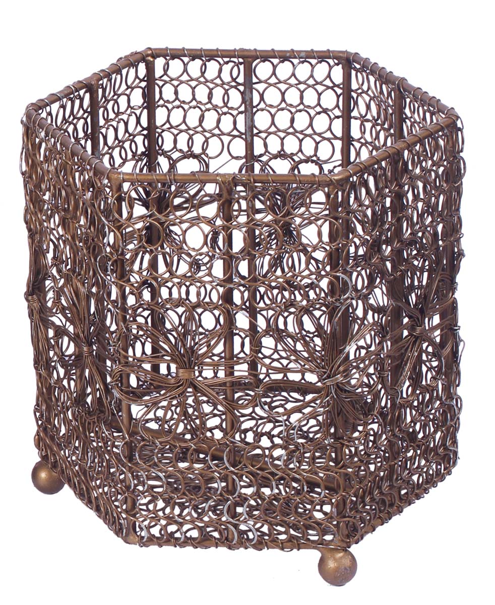 6” Hexagonal Tea-Light Holder / Candle Stand in Wire Mesh with Floral Pattern - Bronze Color - Antique-Look Home Decor - Buy in Bulk Wholesale